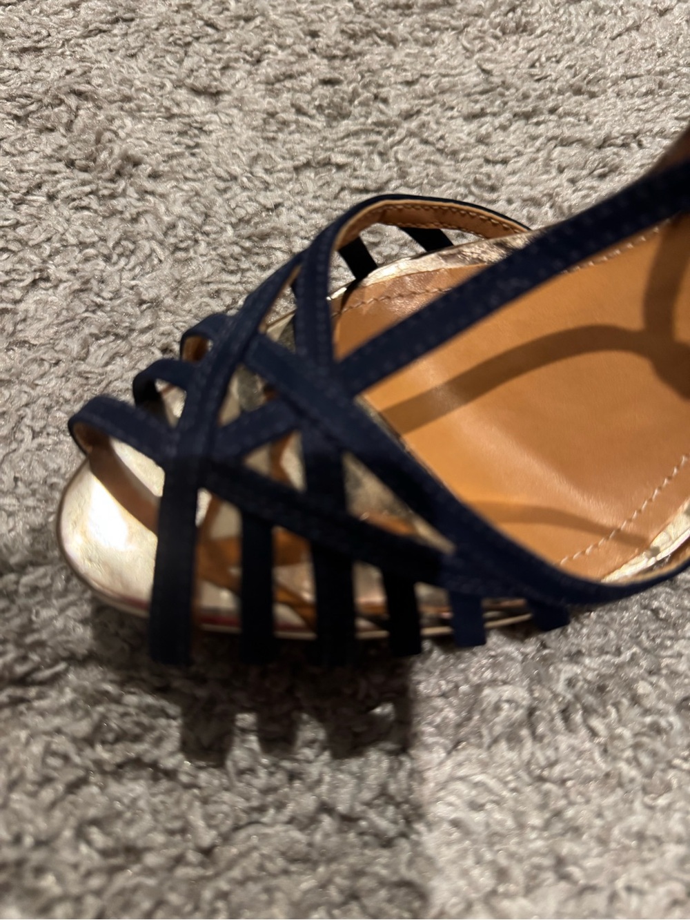 SCHUTZ Navy Strappy T-Bar High Heel Sandals with Gold Footbed - Picture 7 of 9